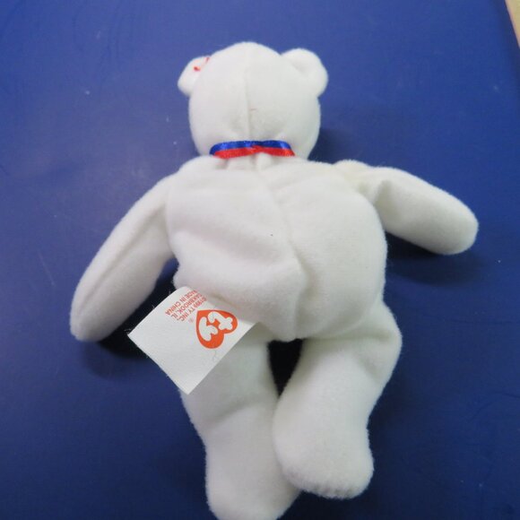 White Patriotic Ty Beanie Baby Bear 5.25" tall Red Blue Ribbon - Picture 3 of 10